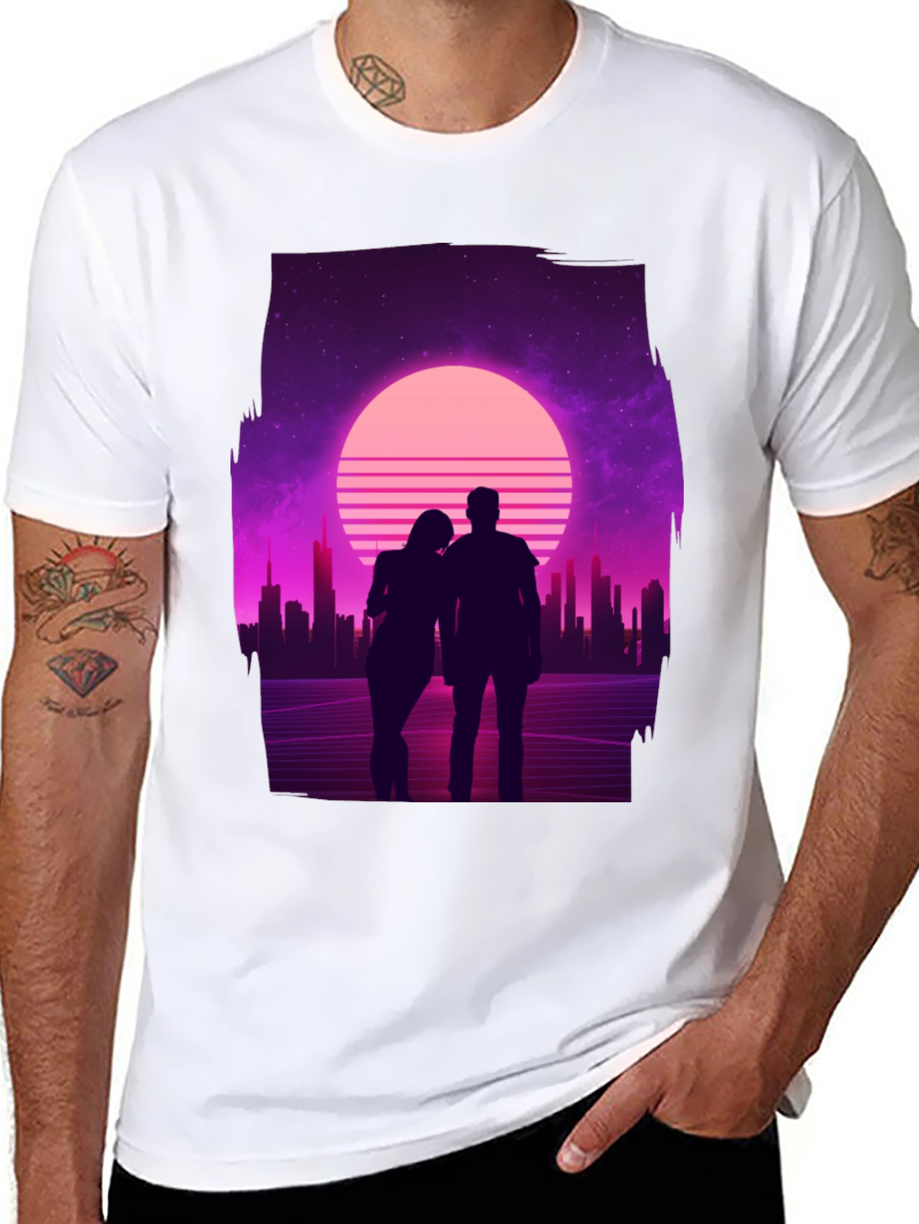 Retro Sunset Couple T-Shirt - Black