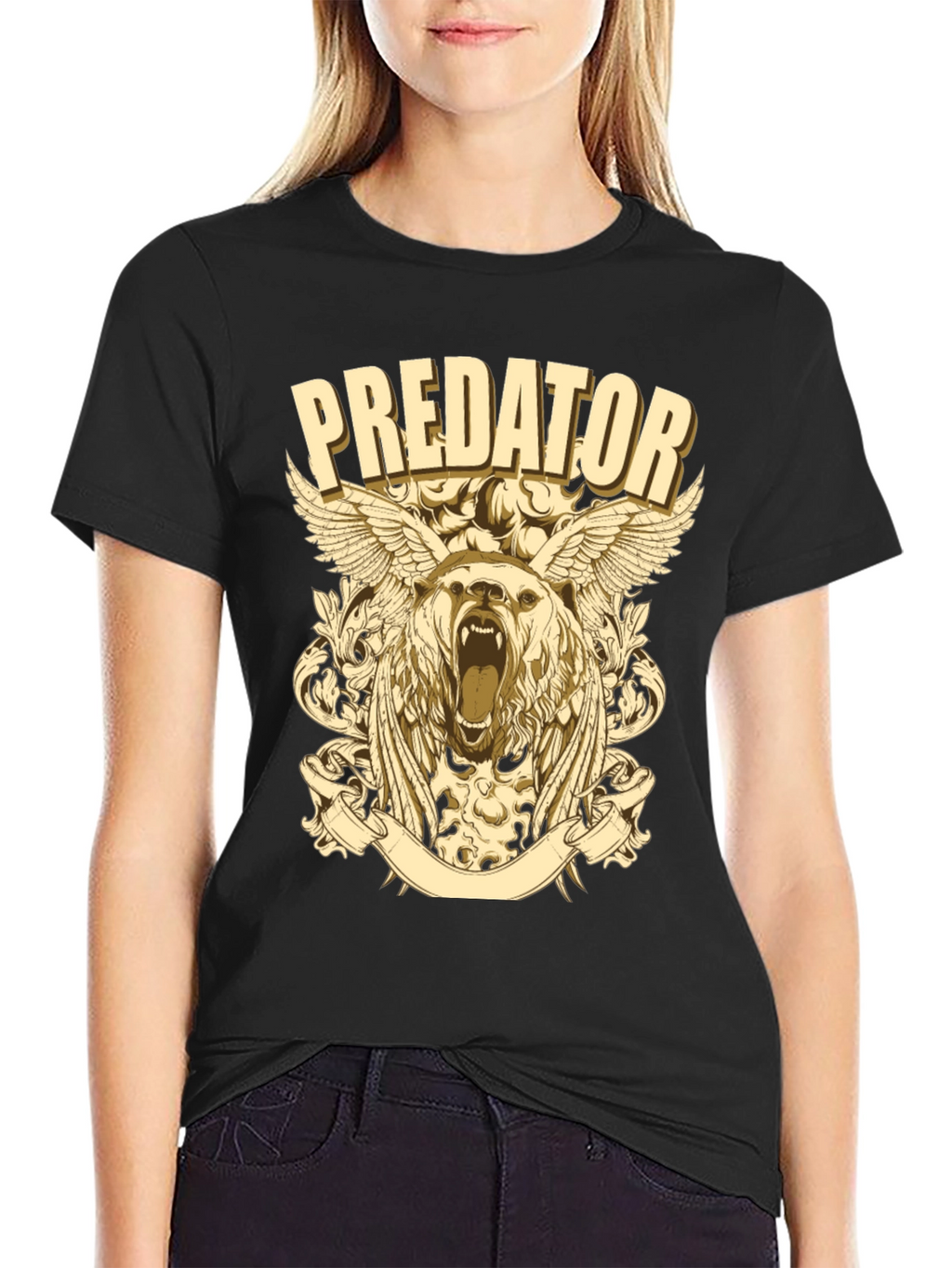 Predator Bear Graphic Print Black T-Shirt