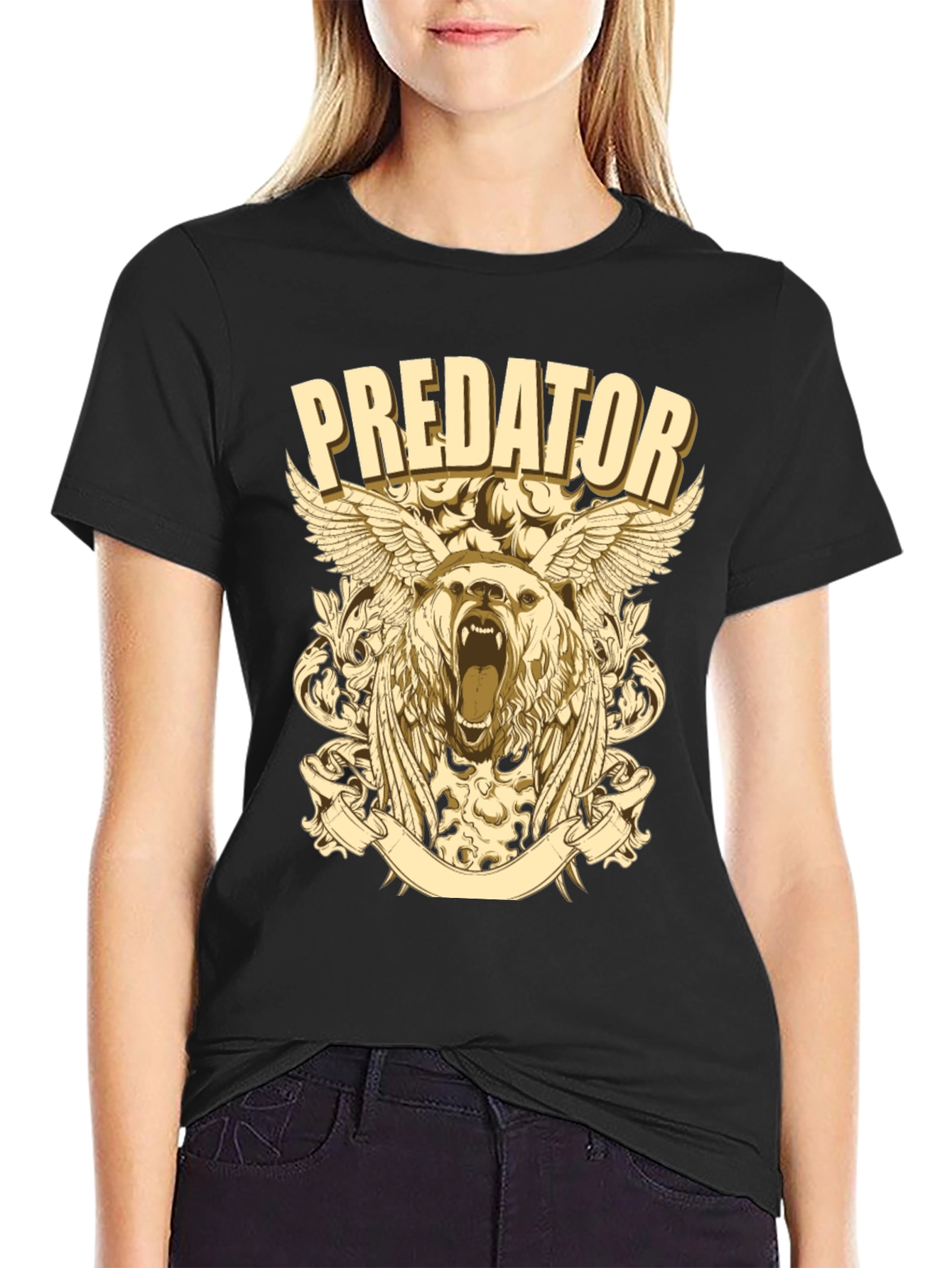 Predator Bear Graphic Print Black T-Shirt