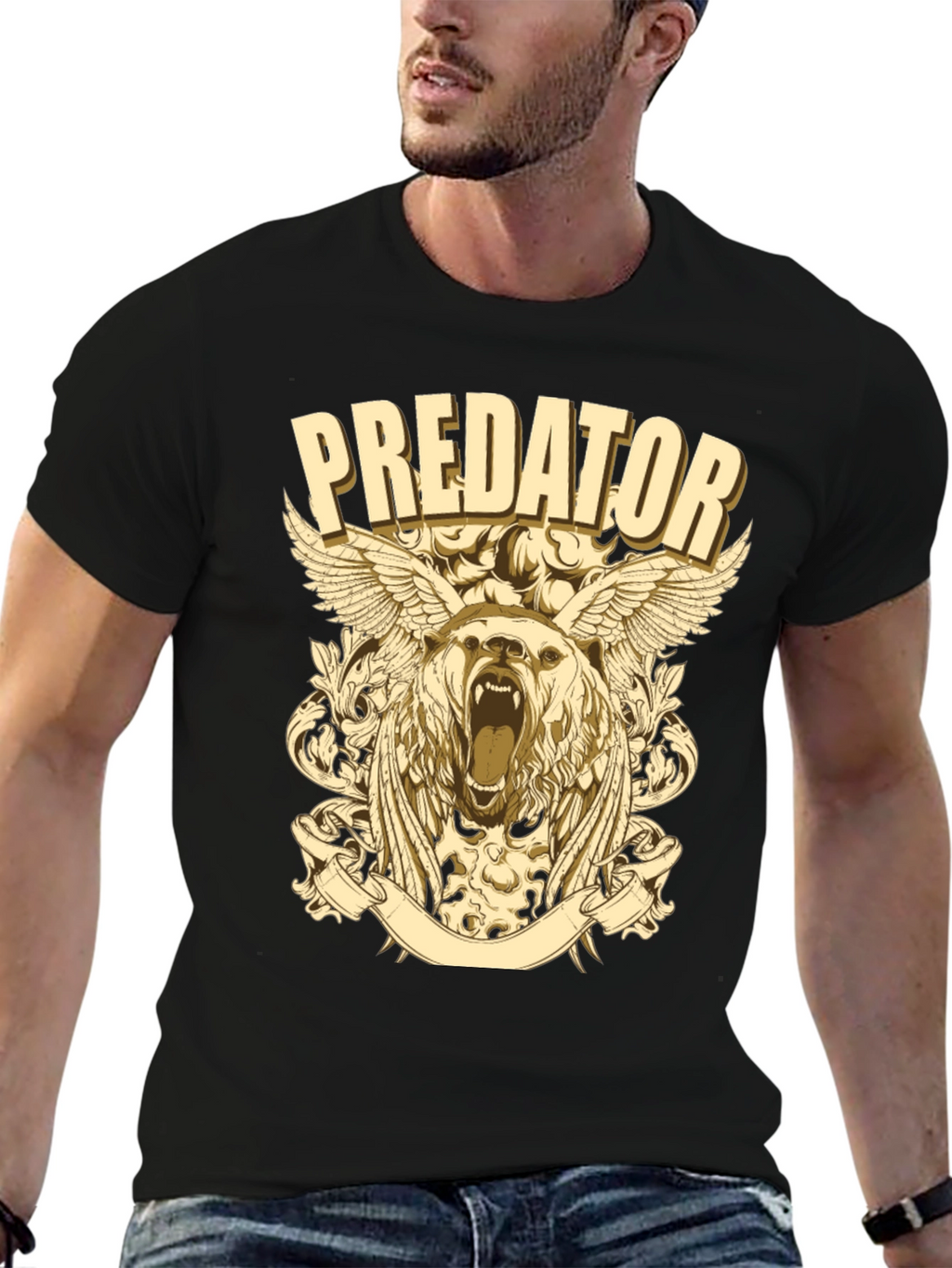 Predator Bear Graphic Print Black T-Shirt