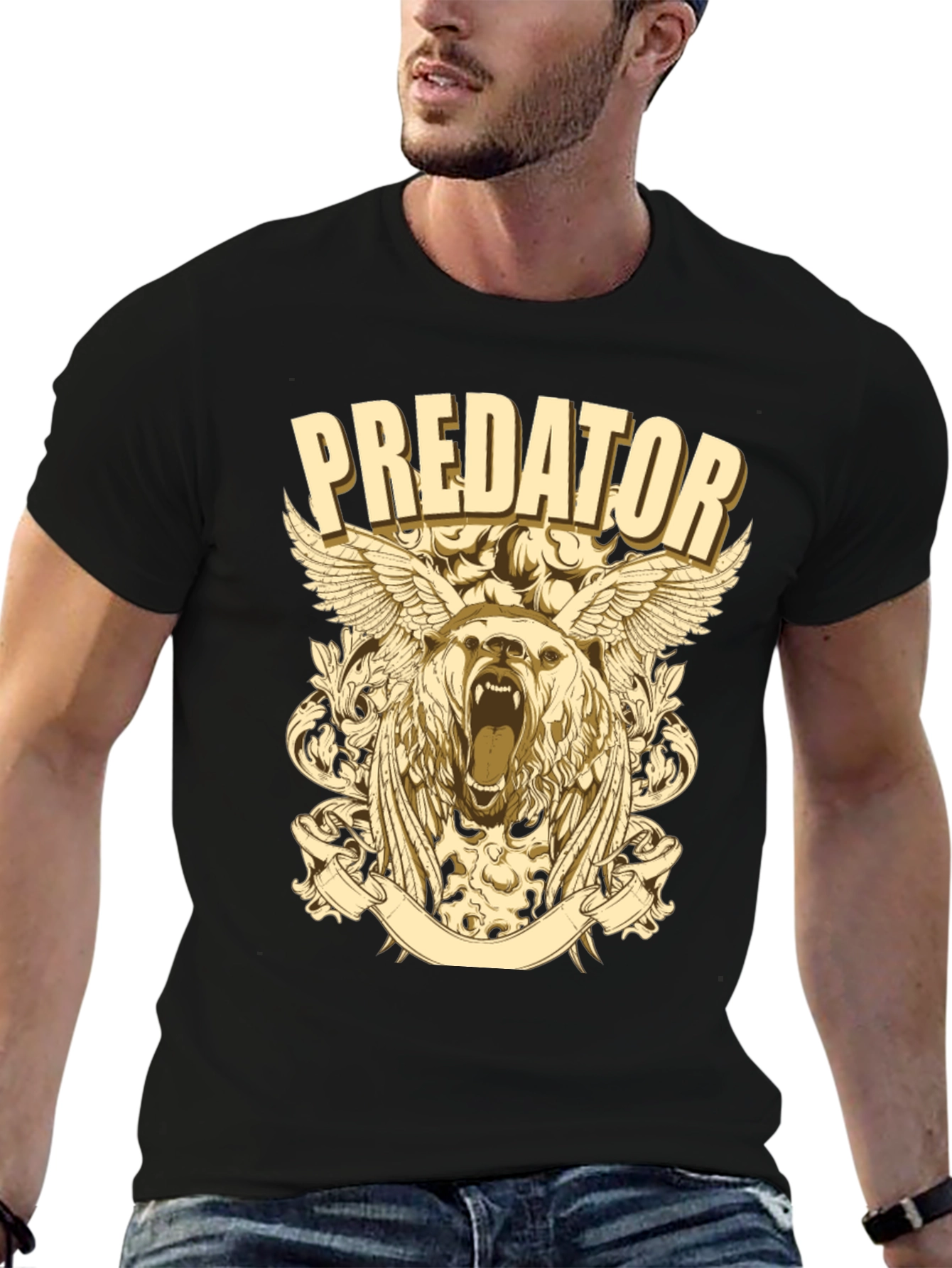 Predator Bear Graphic Print Black T-Shirt