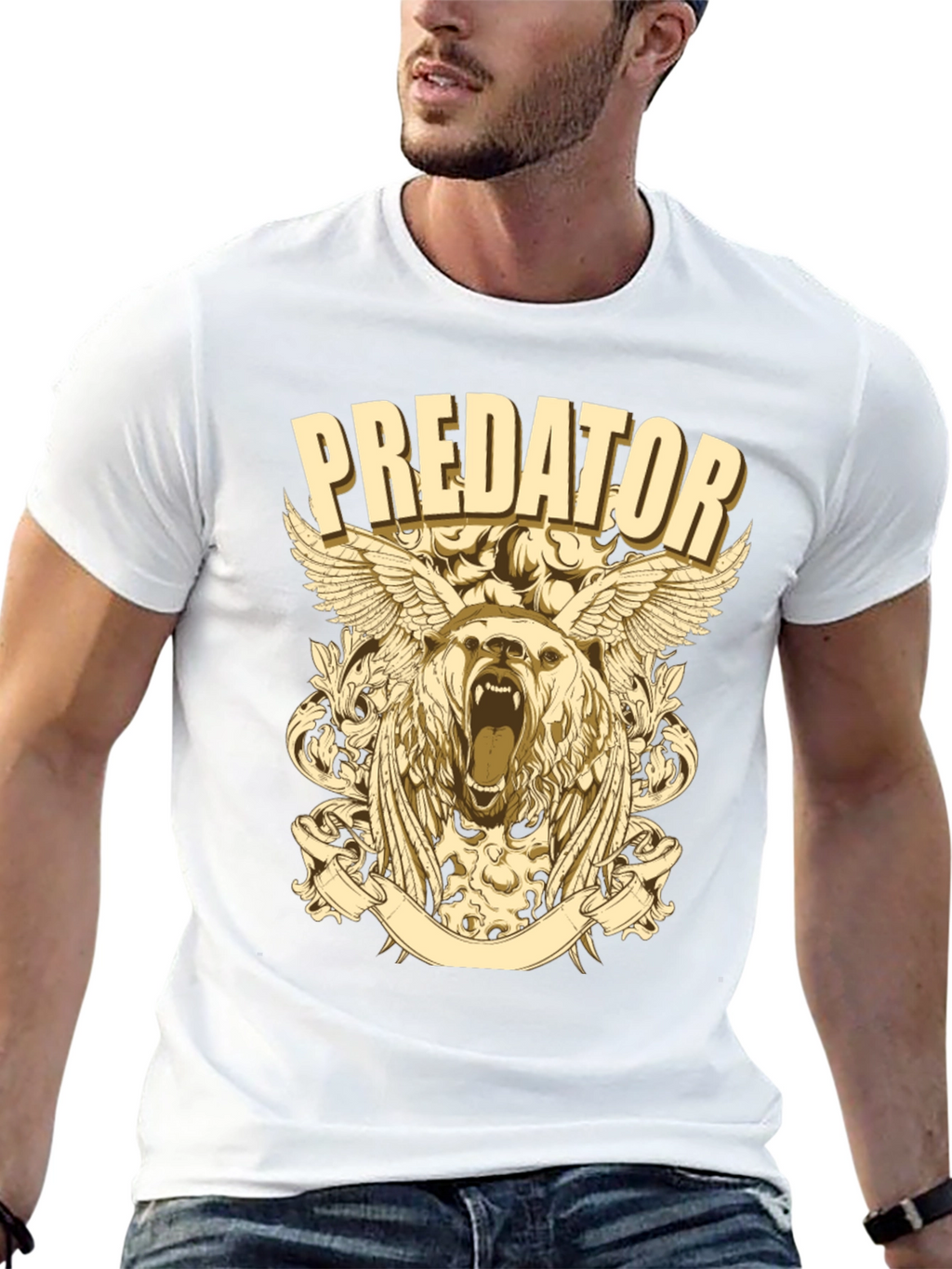 Predator Bear Graphic Print Black T-Shirt