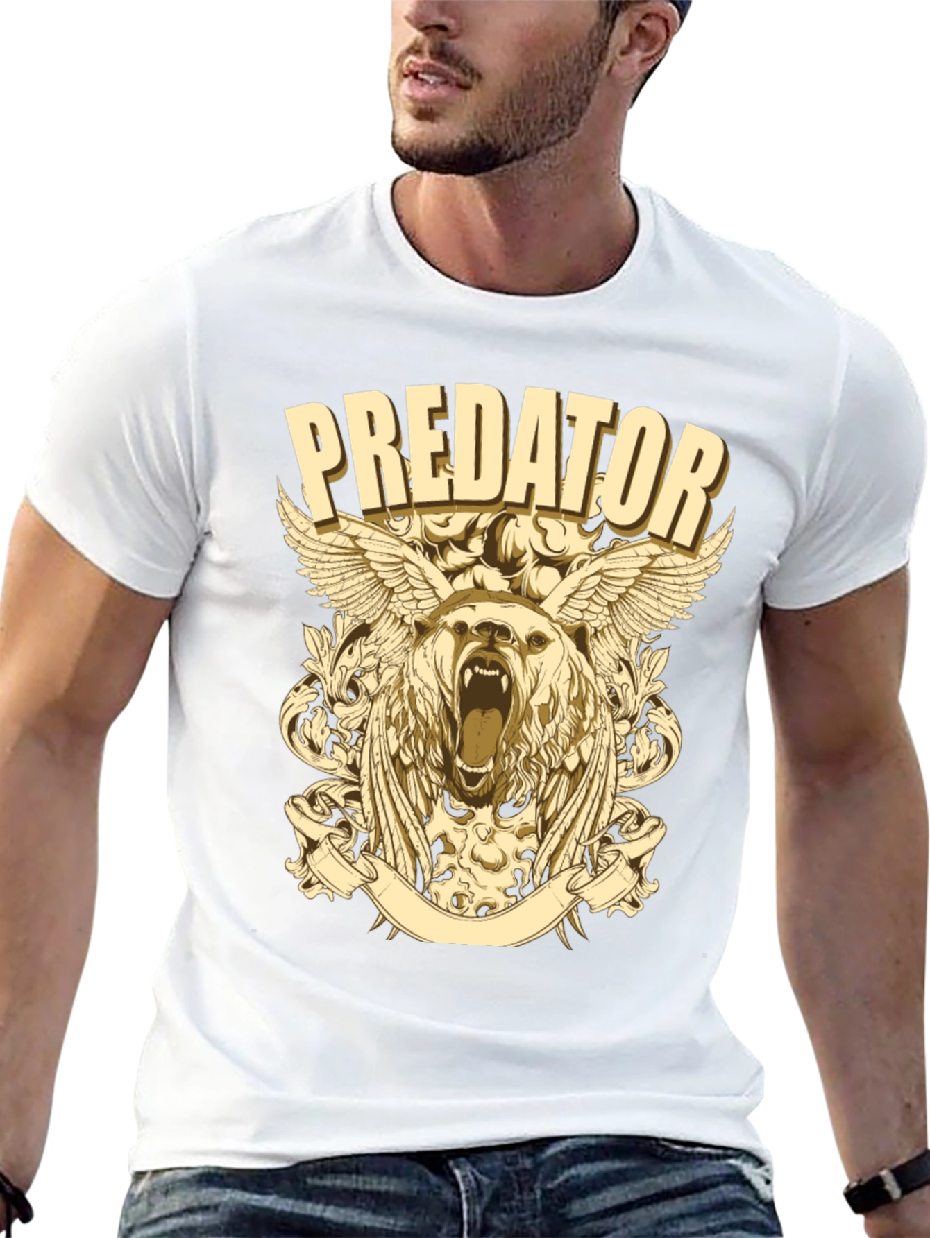 Predator Bear Graphic Print Black T-Shirt