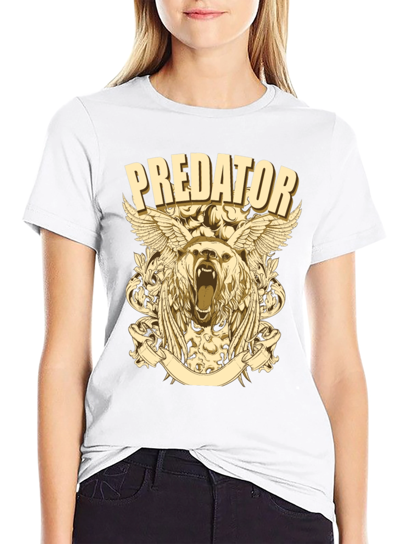 Predator Bear Graphic Print Black T-Shirt
