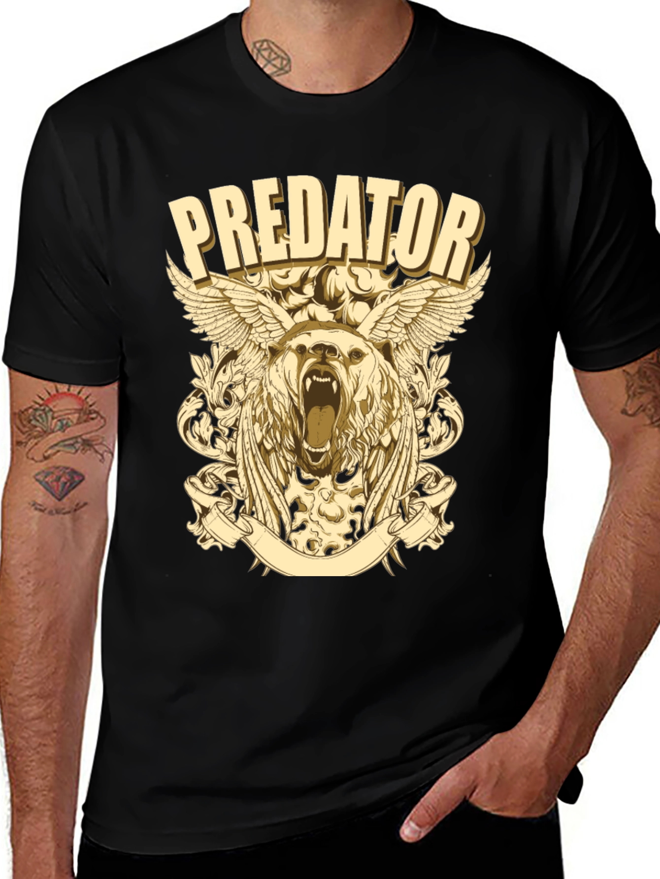 Predator Bear Graphic Print Black T-Shirt