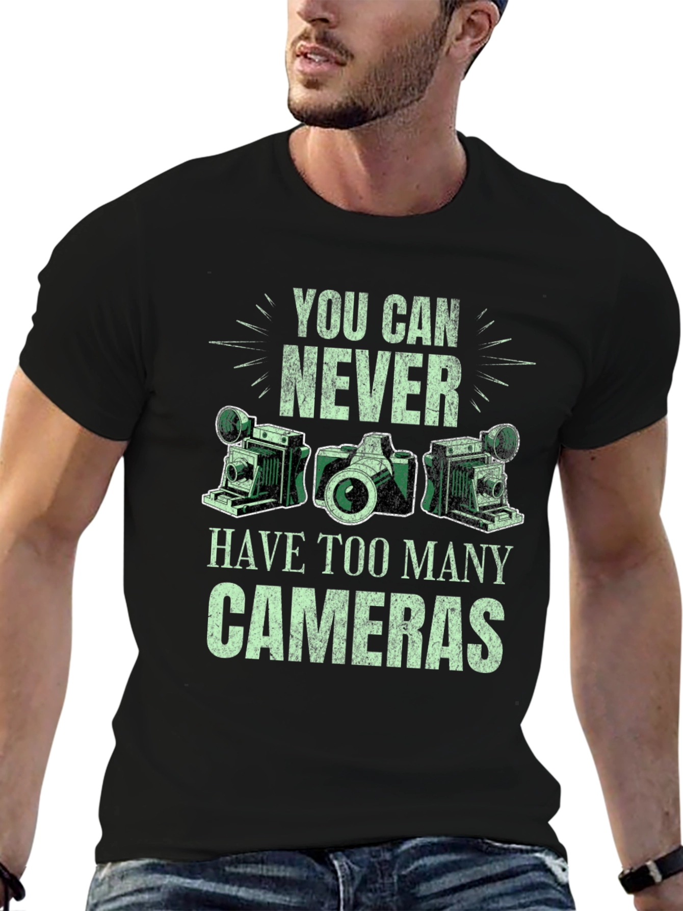 Never Too Many Cameras Black Graphic Tee
