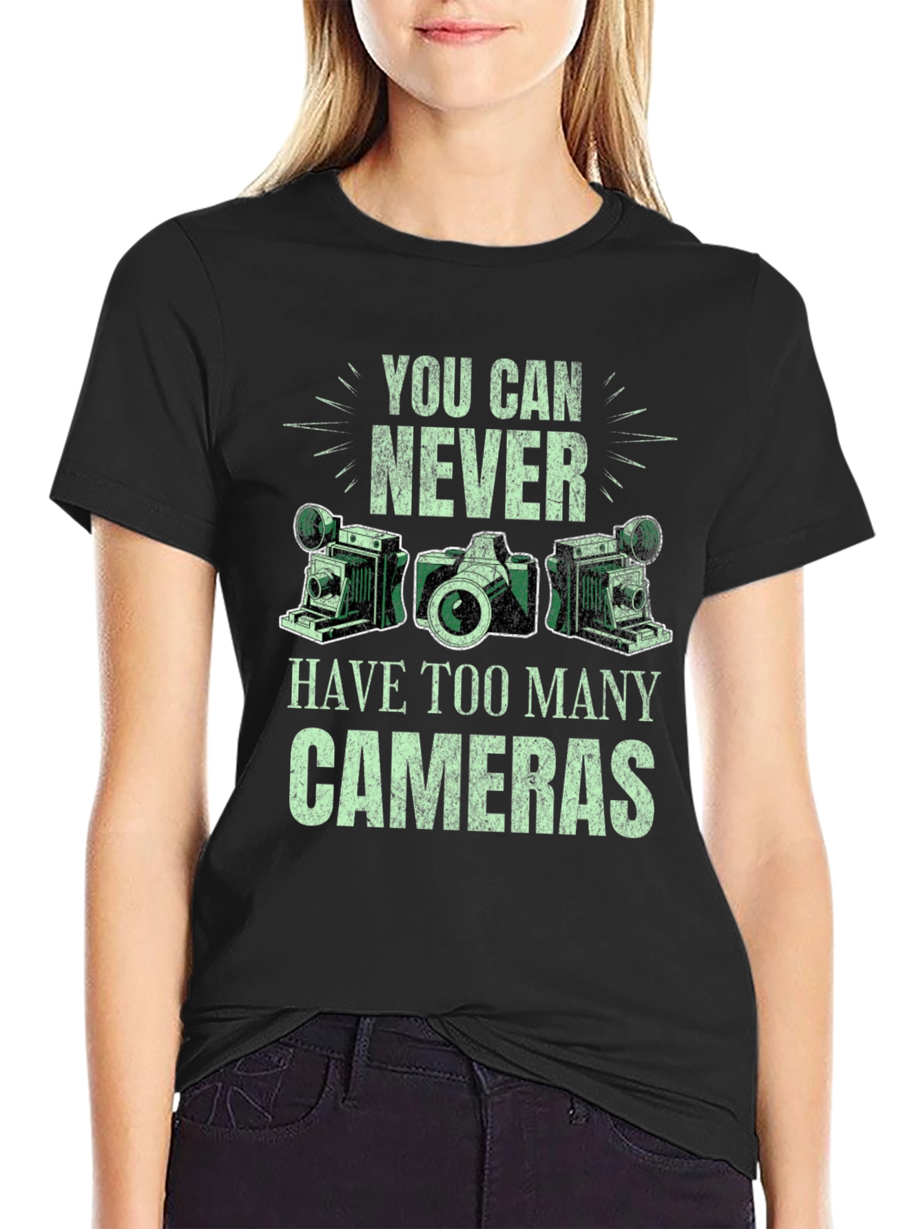 Never Too Many Cameras Black Graphic Tee