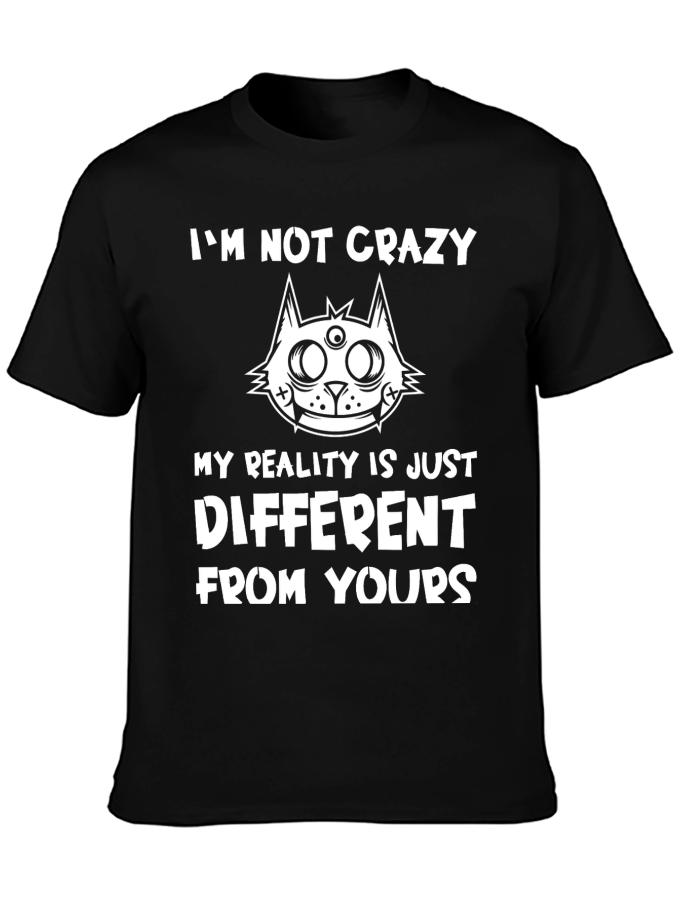 Crazy Cat Reality Graphic Black T-Shirt