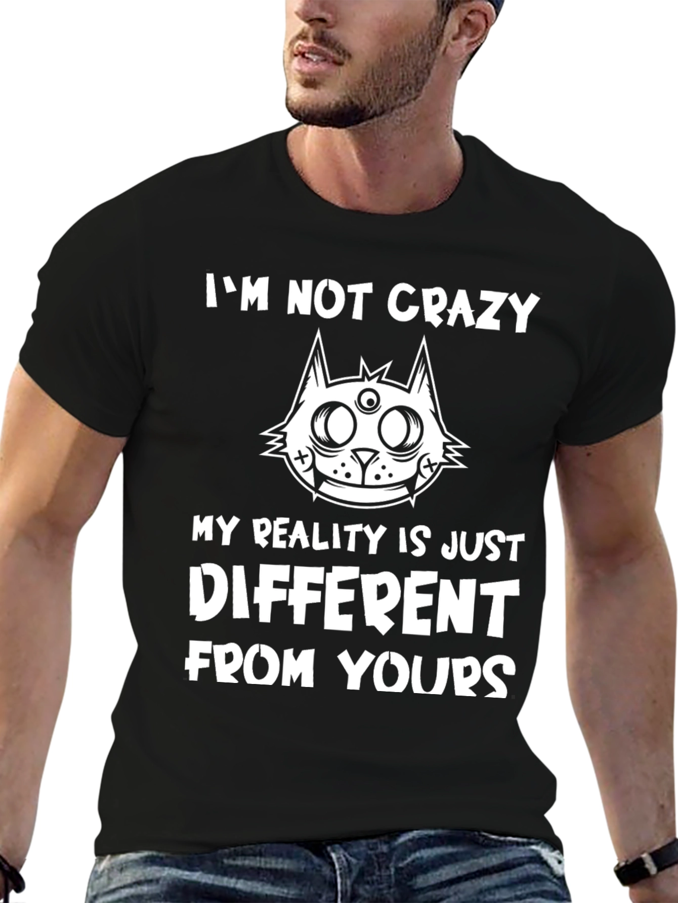 Crazy Cat Reality Graphic Black T-Shirt