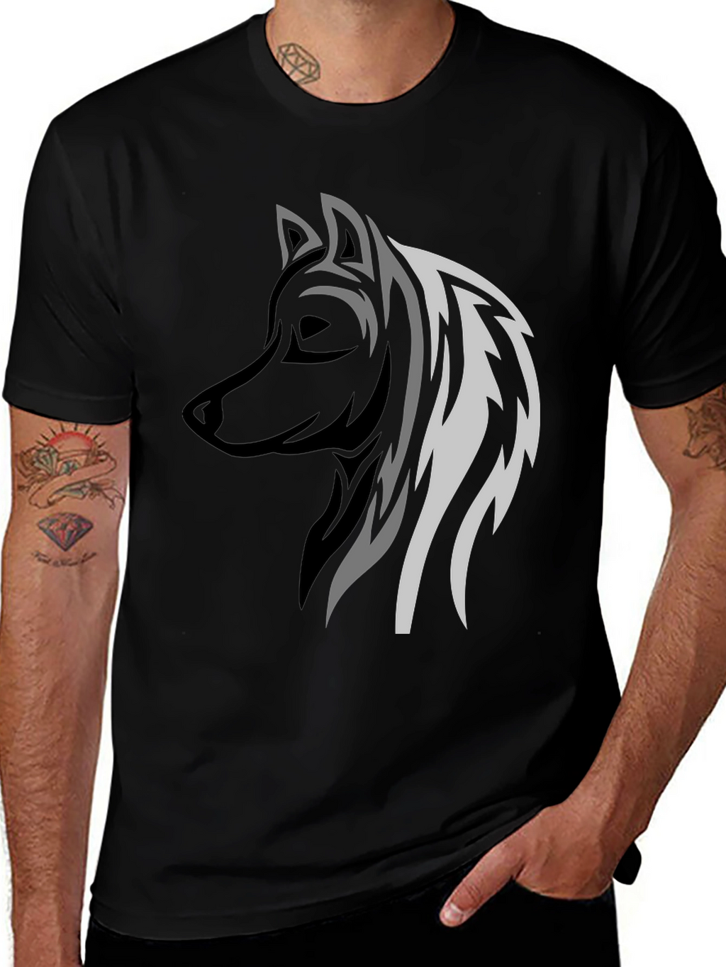 Wolf Graphic Print Mens Black T-Shirt