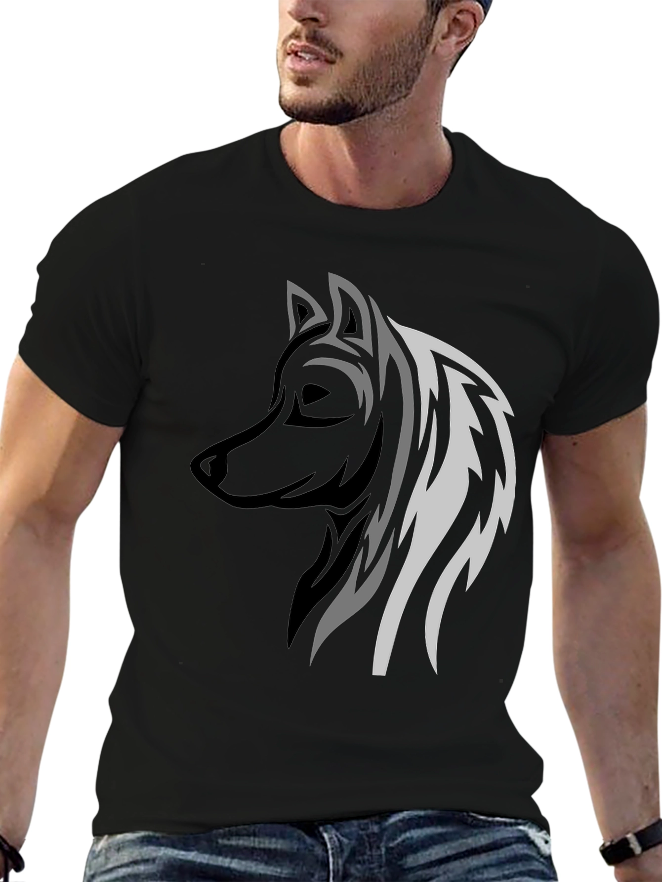 Wolf Graphic Print Mens Black T-Shirt