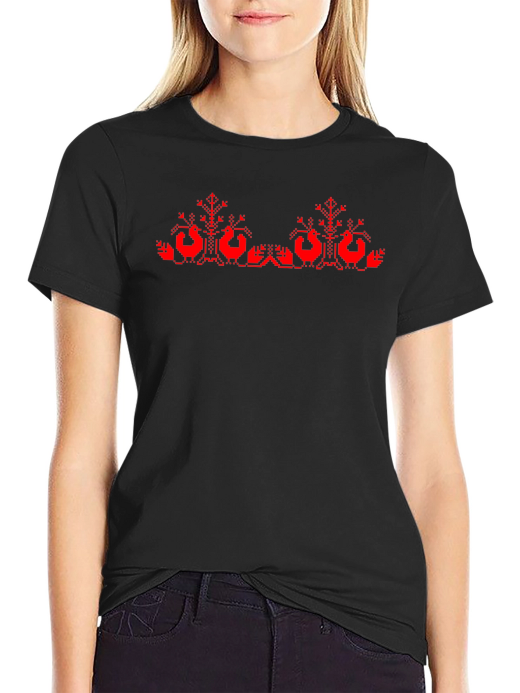 Black T-Shirt with Red Cross-Stitch Bird Design