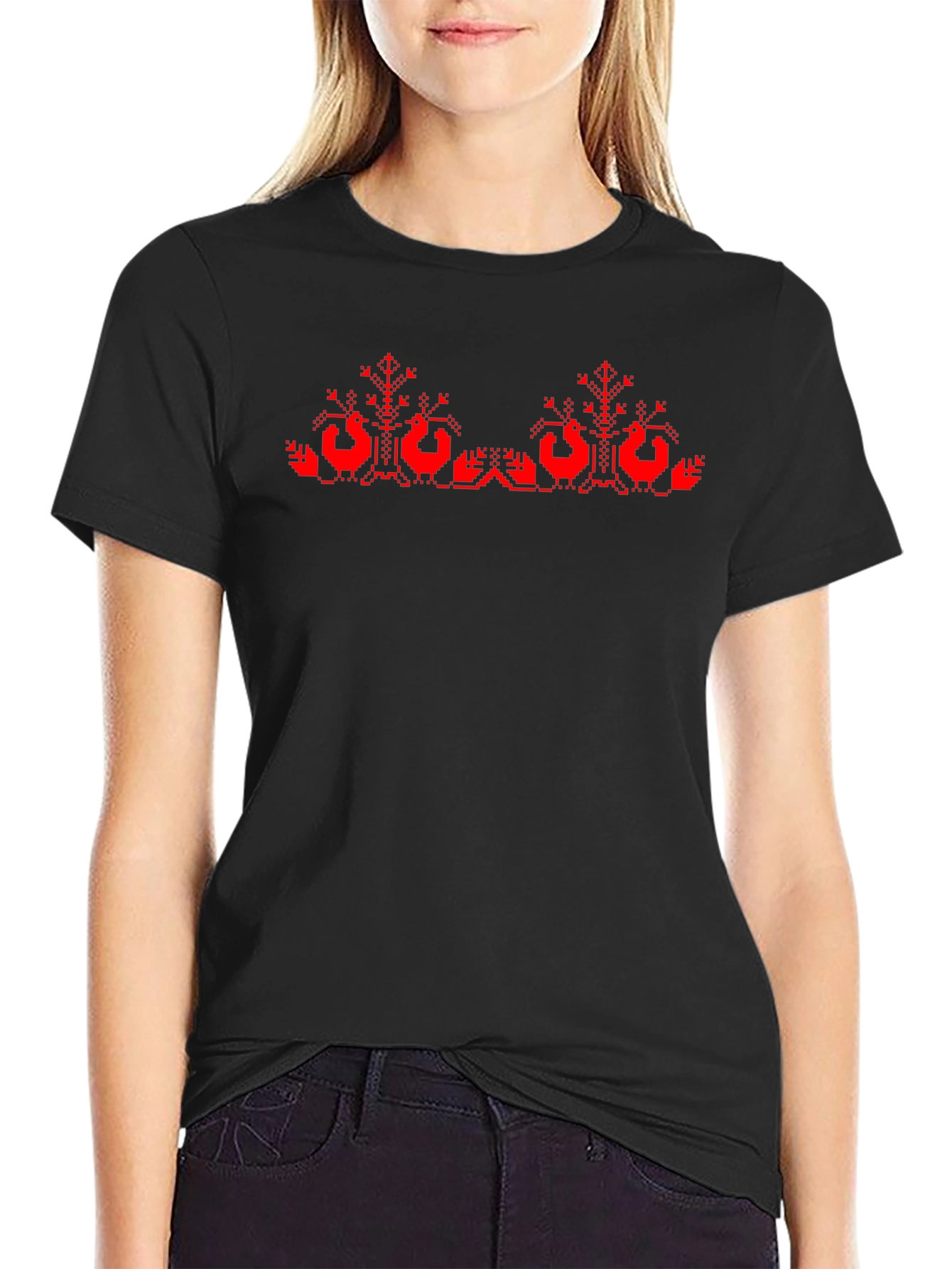 Black T-Shirt with Red Cross-Stitch Bird Design