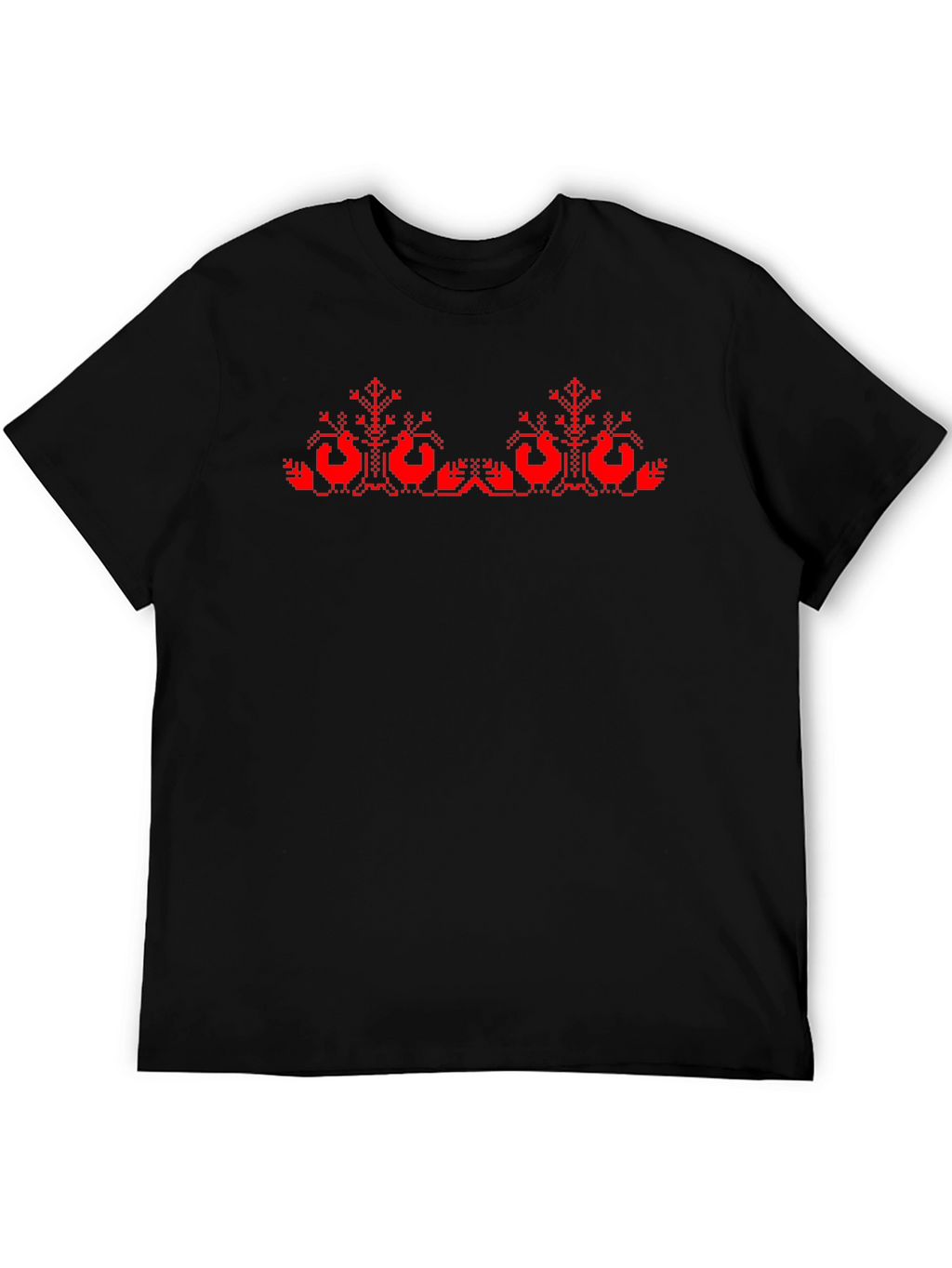 Black T-Shirt with Red Cross-Stitch Bird Design