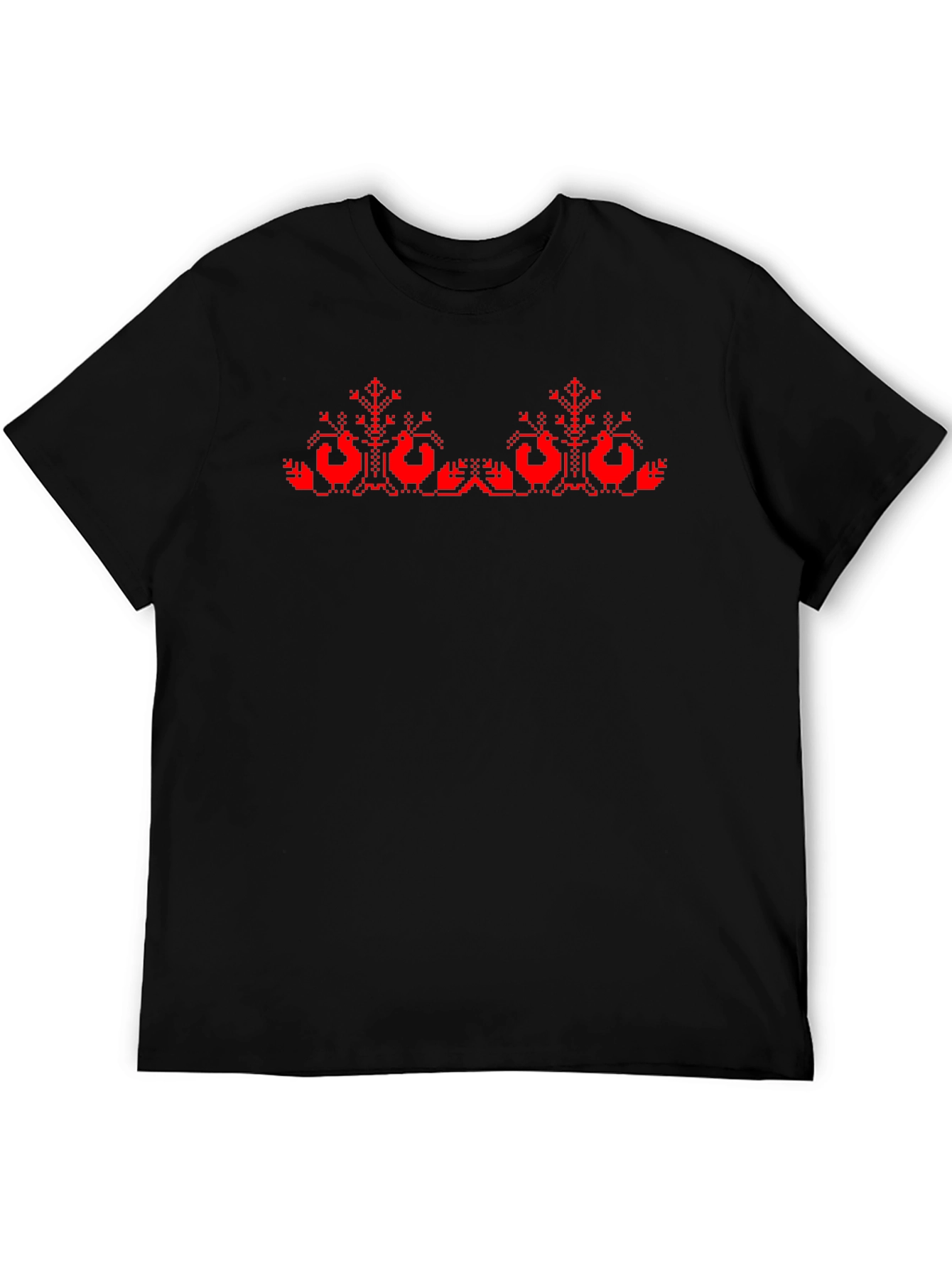 Black T-Shirt with Red Cross-Stitch Bird Design