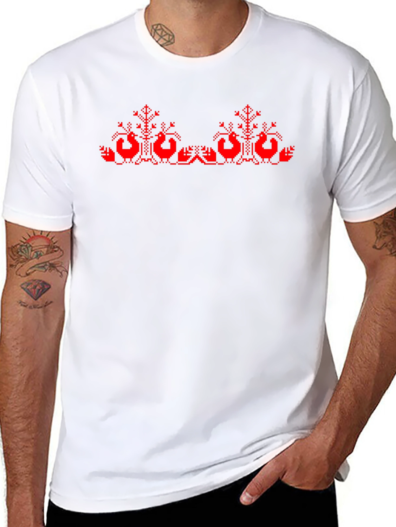 Black T-Shirt with Red Cross-Stitch Bird Design