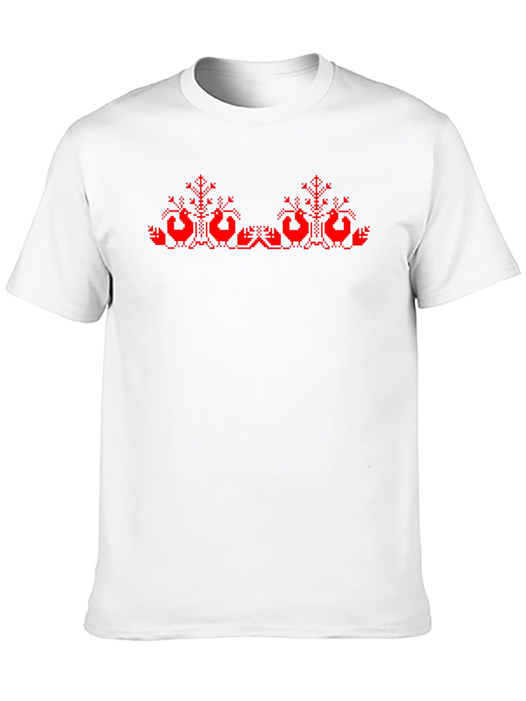 Black T-Shirt with Red Cross-Stitch Bird Design