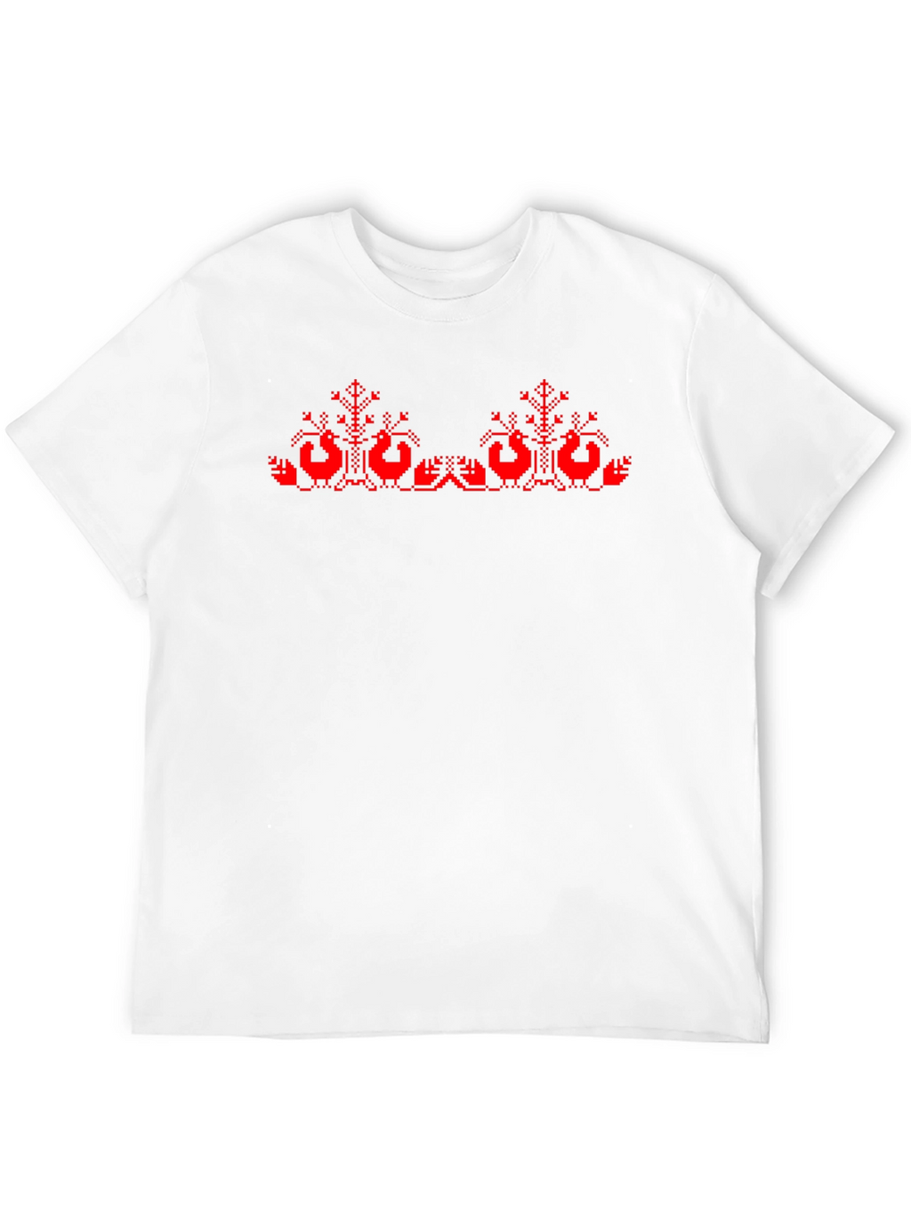 Black T-Shirt with Red Cross-Stitch Bird Design