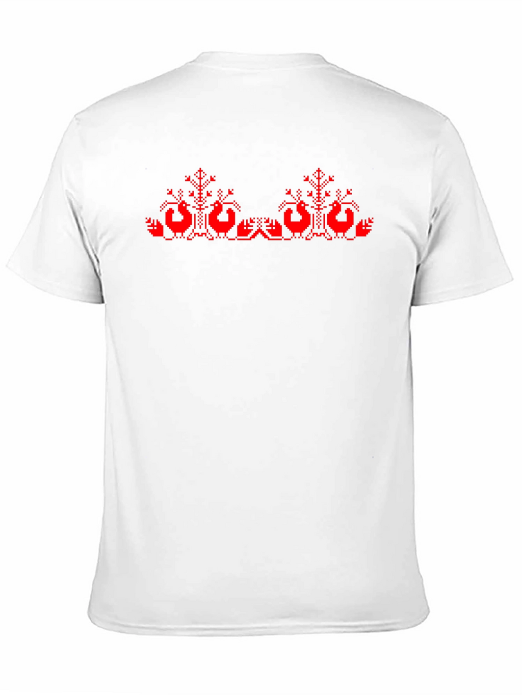 Black T-Shirt with Red Cross-Stitch Bird Design