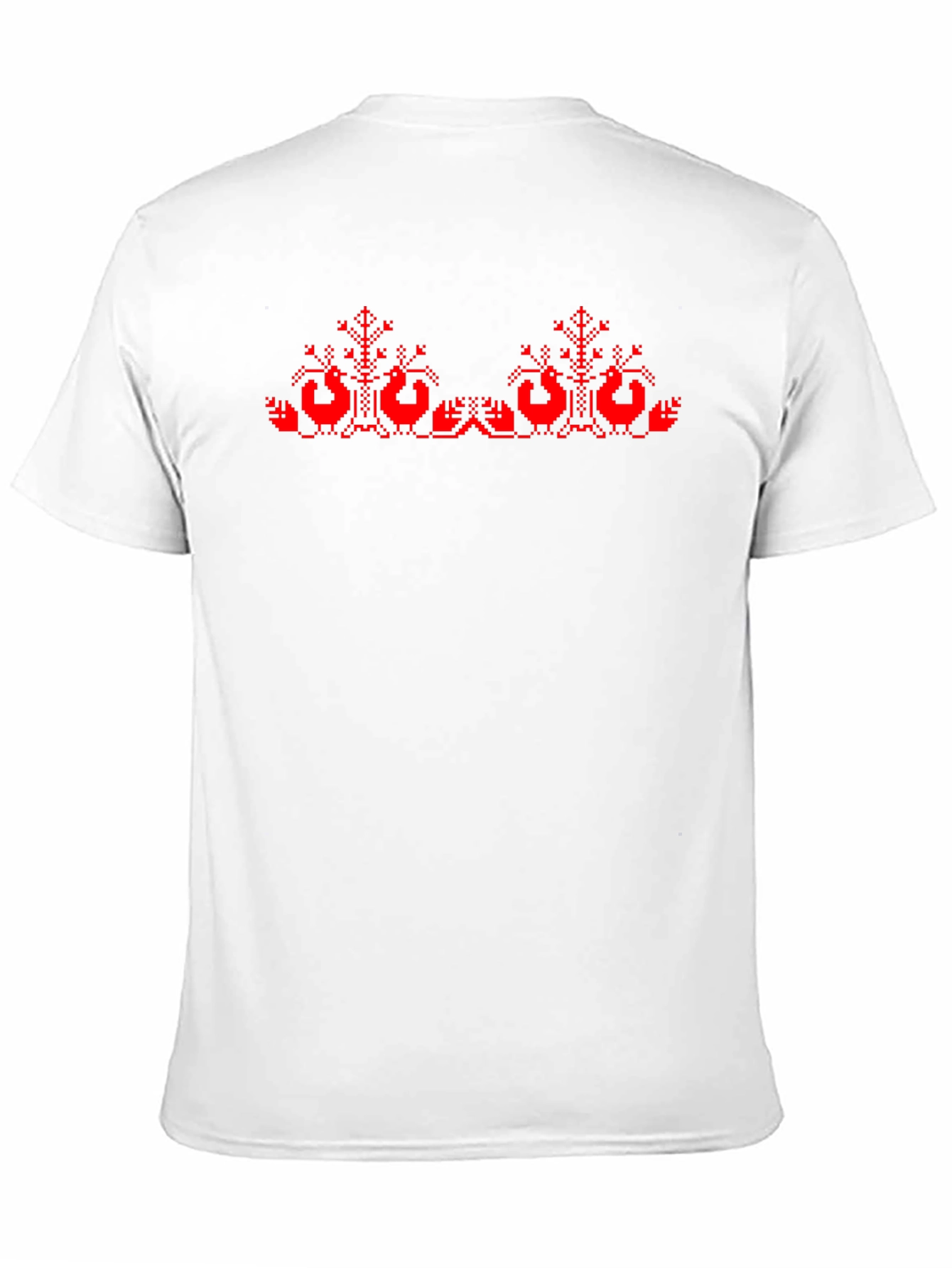 Black T-Shirt with Red Cross-Stitch Bird Design