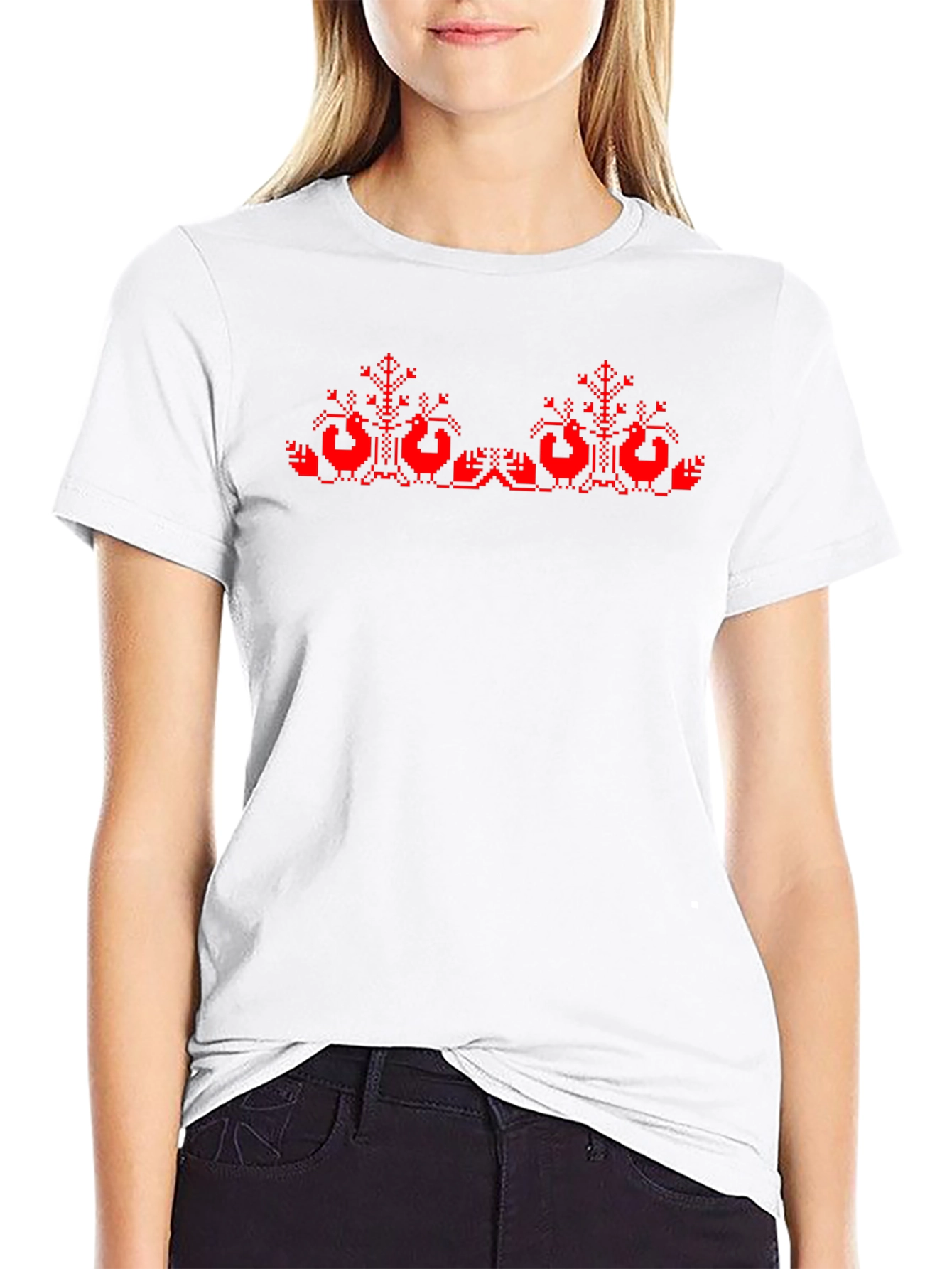 Black T-Shirt with Red Cross-Stitch Bird Design