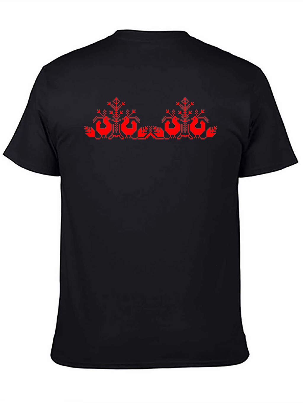 Black T-Shirt with Red Cross-Stitch Bird Design