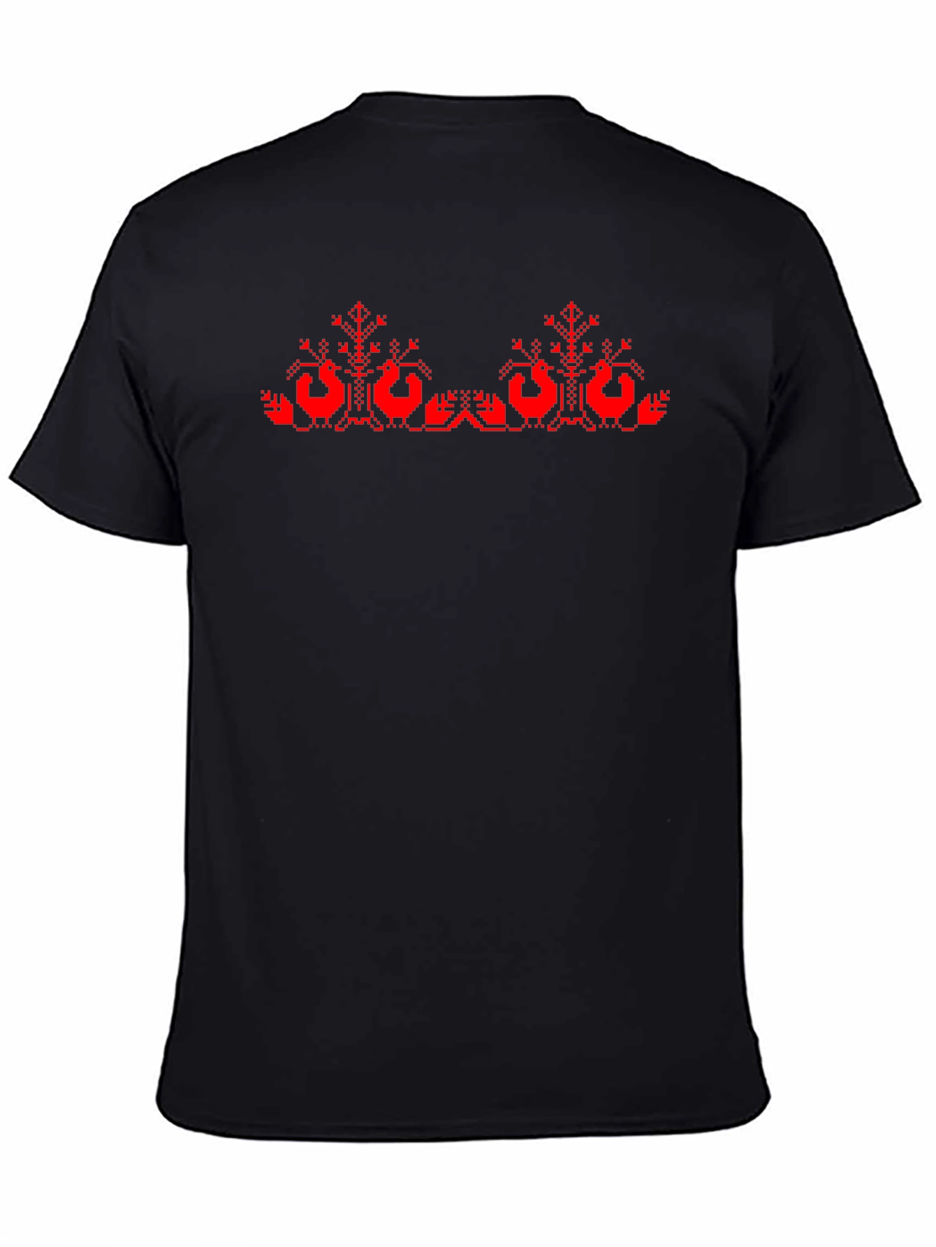 Black T-Shirt with Red Cross-Stitch Bird Design