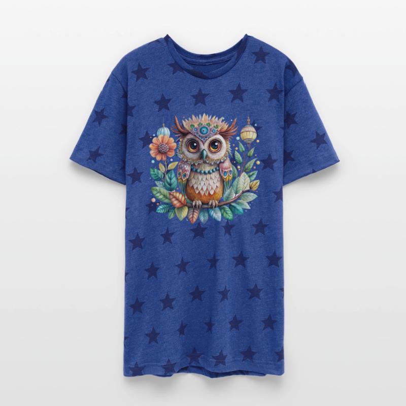 Colorful illustration of an owl perched on branch