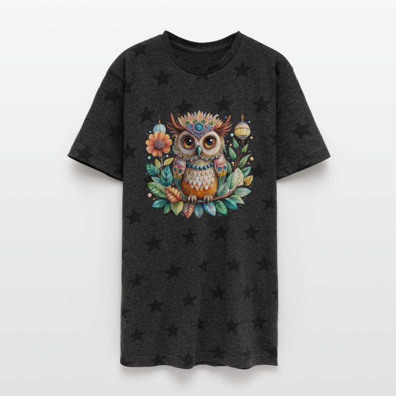 Colorful illustration of an owl perched on branch