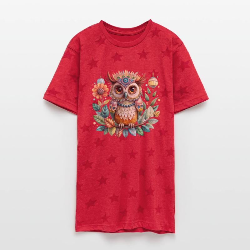 Colorful illustration of an owl perched on branch