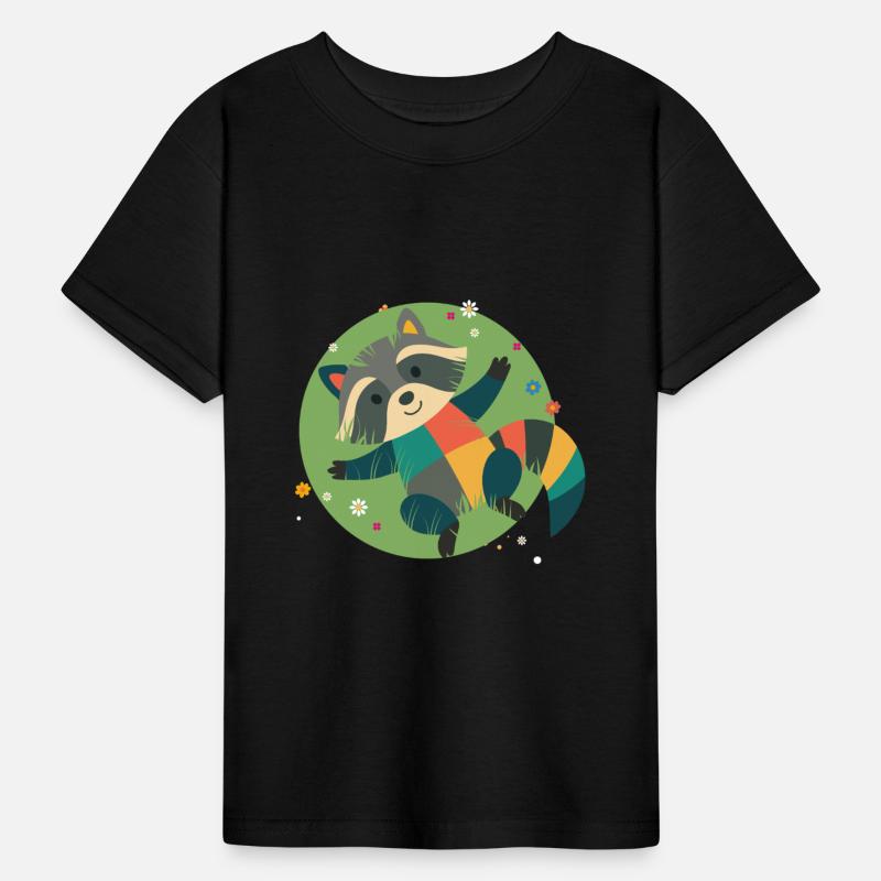 colorful raccoon lies relaxed in the green grass