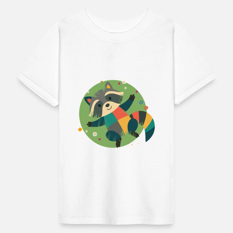 colorful raccoon lies relaxed in the green grass