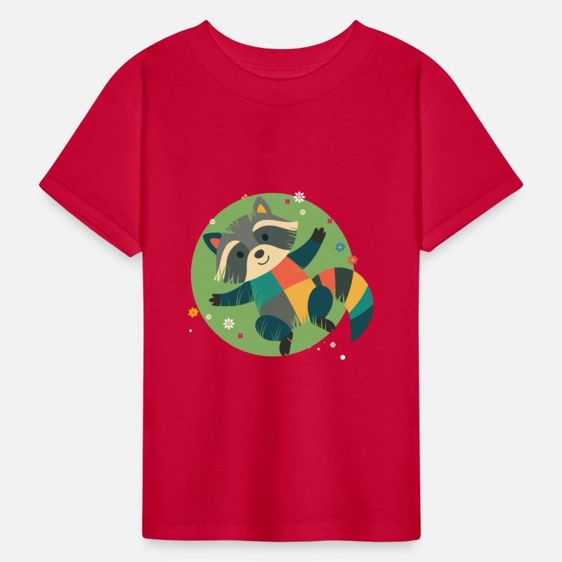 colorful raccoon lies relaxed in the green grass