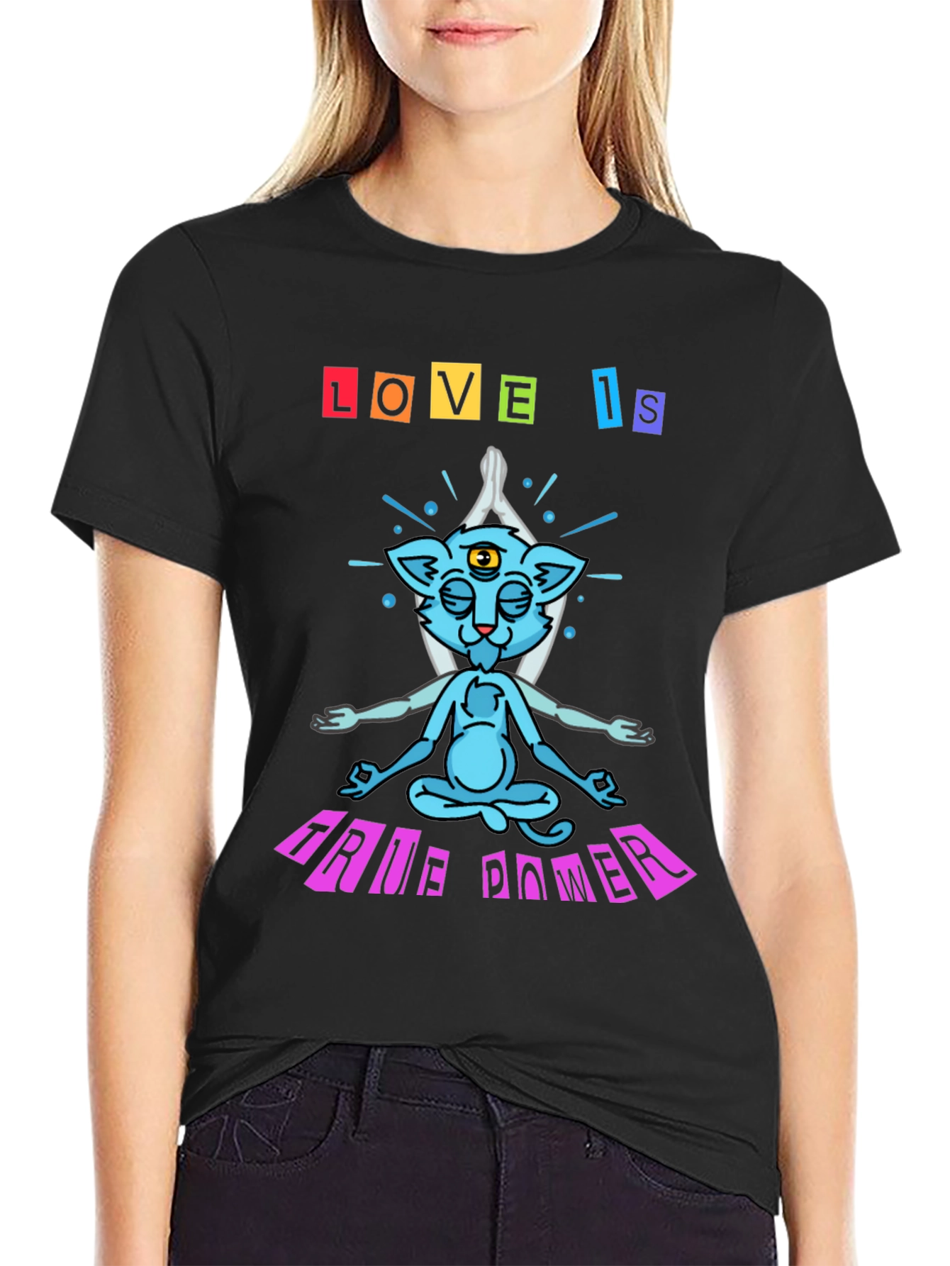Love Is True Power Yoga Cat Graphic T-Shirt