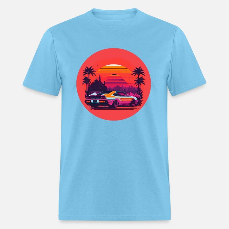 Cyberpunk car in sunset cityscape with palms