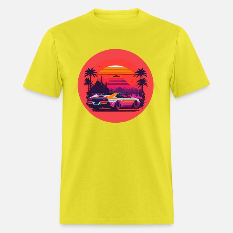 Cyberpunk car in sunset cityscape with palms