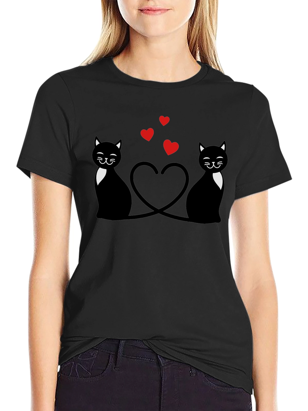 Cute Cats & Hearts Black Graphic Tee