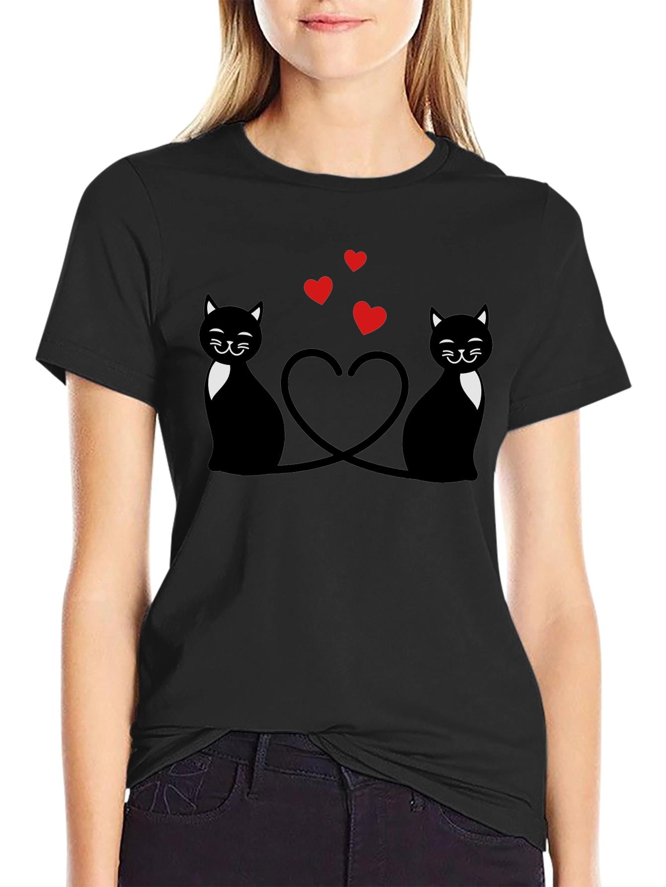 Cute Cats & Hearts Black Graphic Tee