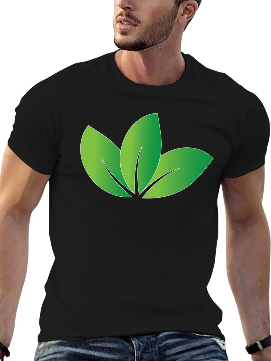 Eco-Friendly Leaf Design Black T-Shirt