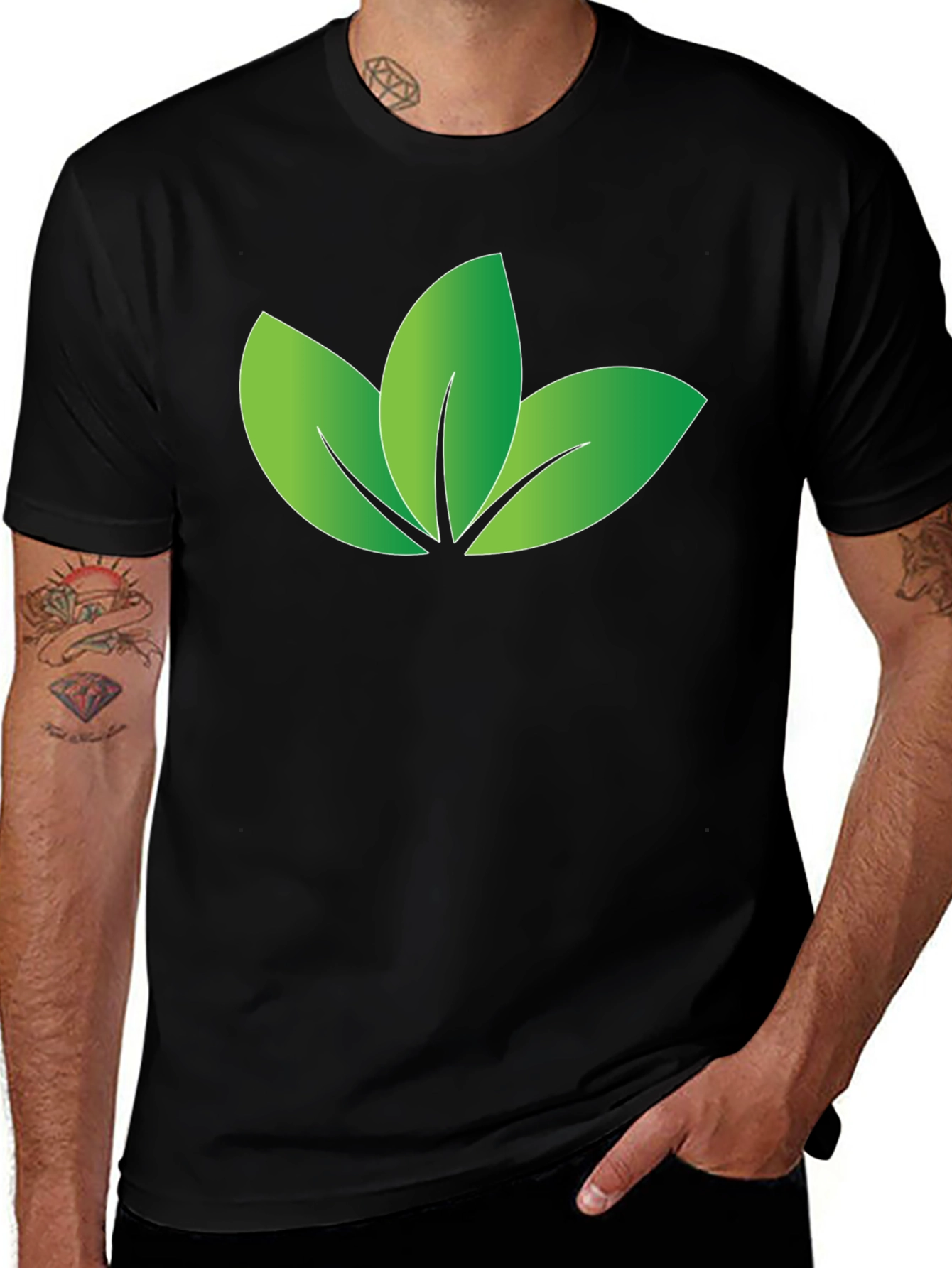 Eco-Friendly Leaf Design Black T-Shirt