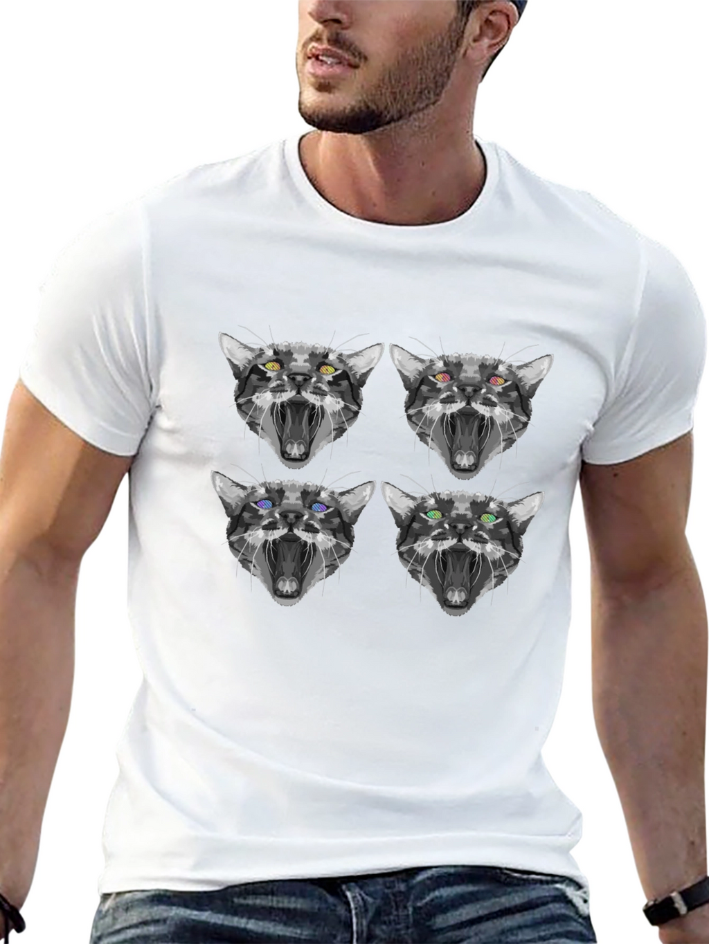 Abstract Cat Face Print Black T-Shirt