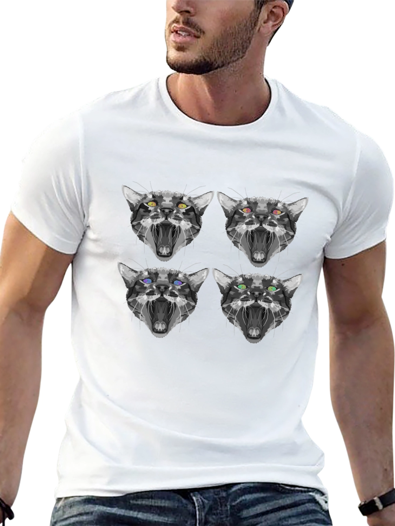Abstract Cat Face Print Black T-Shirt