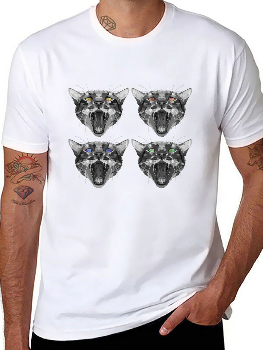 Abstract Cat Face Print Black T-Shirt