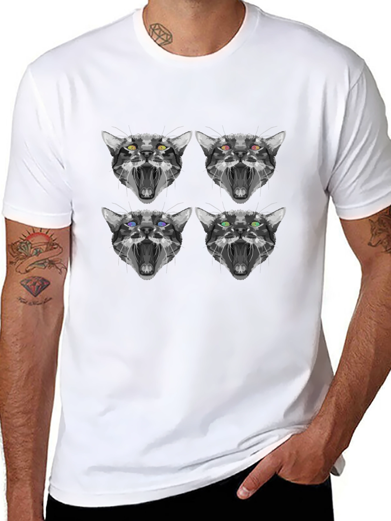 Abstract Cat Face Print Black T-Shirt