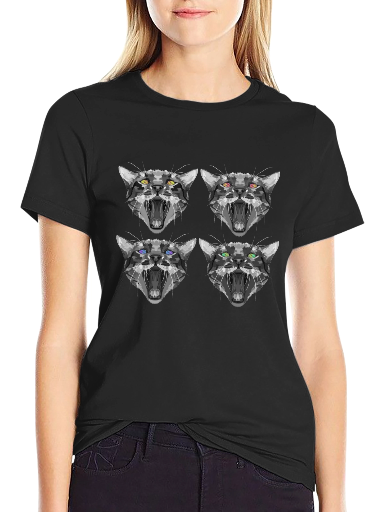 Abstract Cat Face Print Black T-Shirt