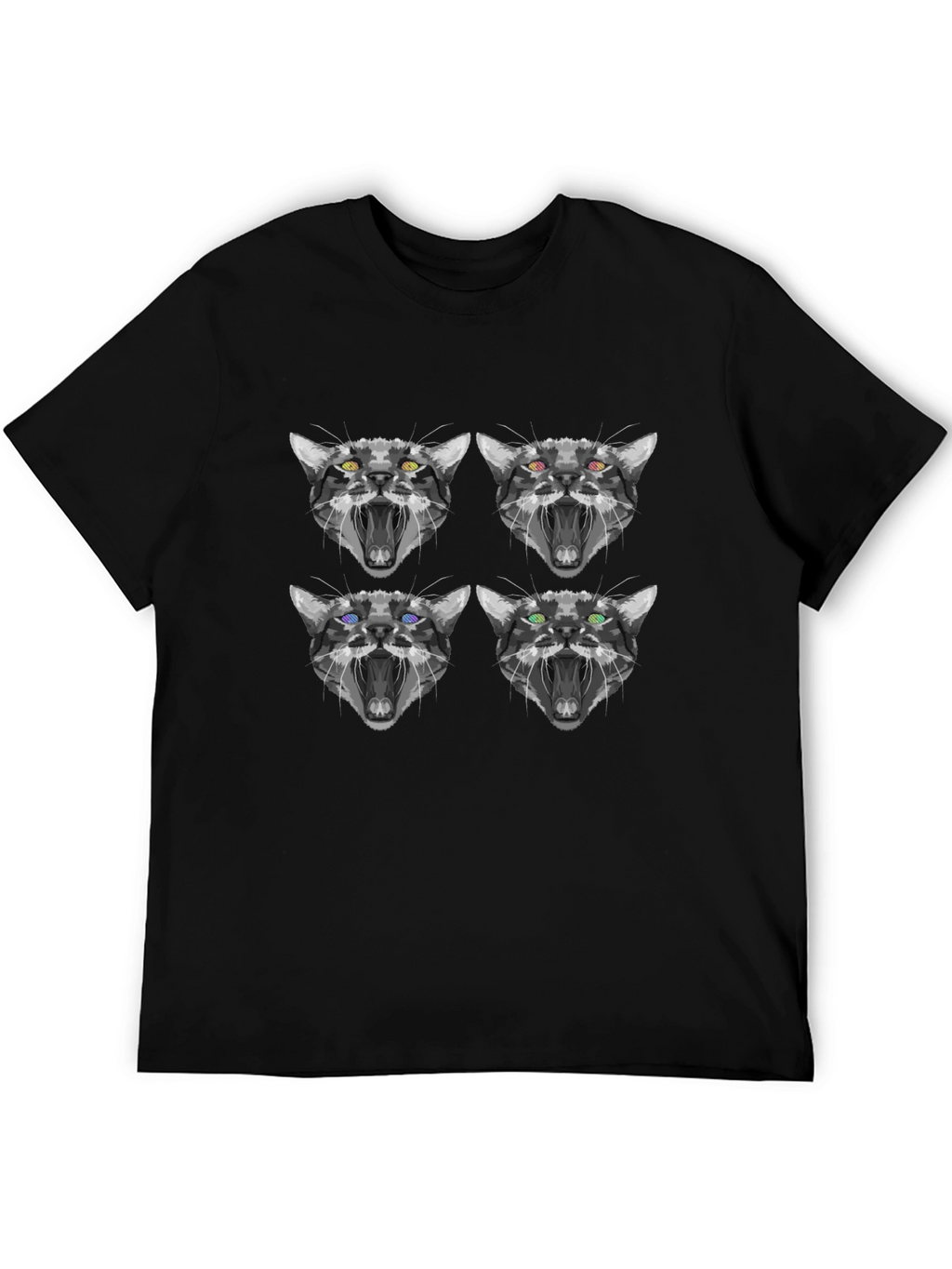 Abstract Cat Face Print Black T-Shirt