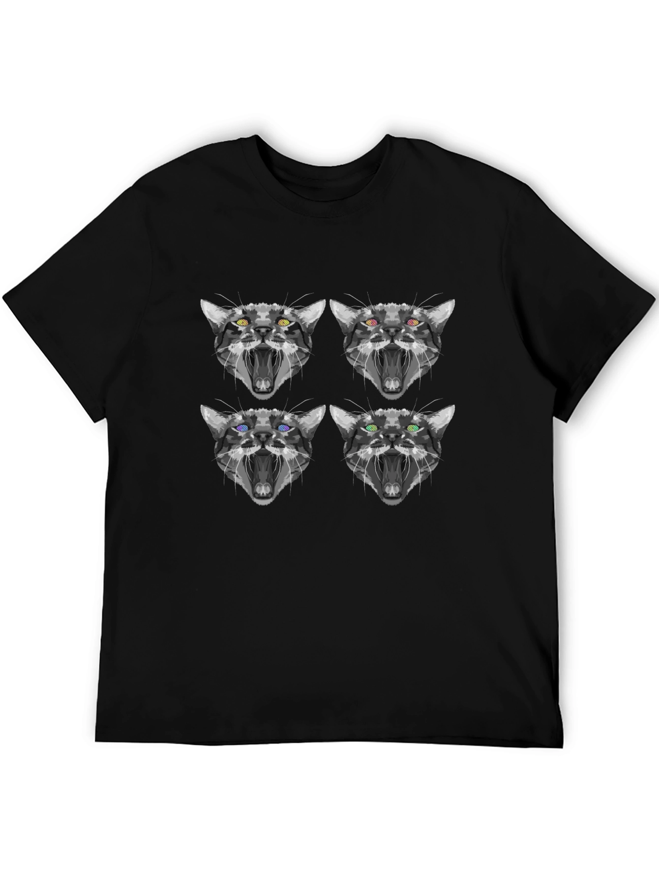 Abstract Cat Face Print Black T-Shirt