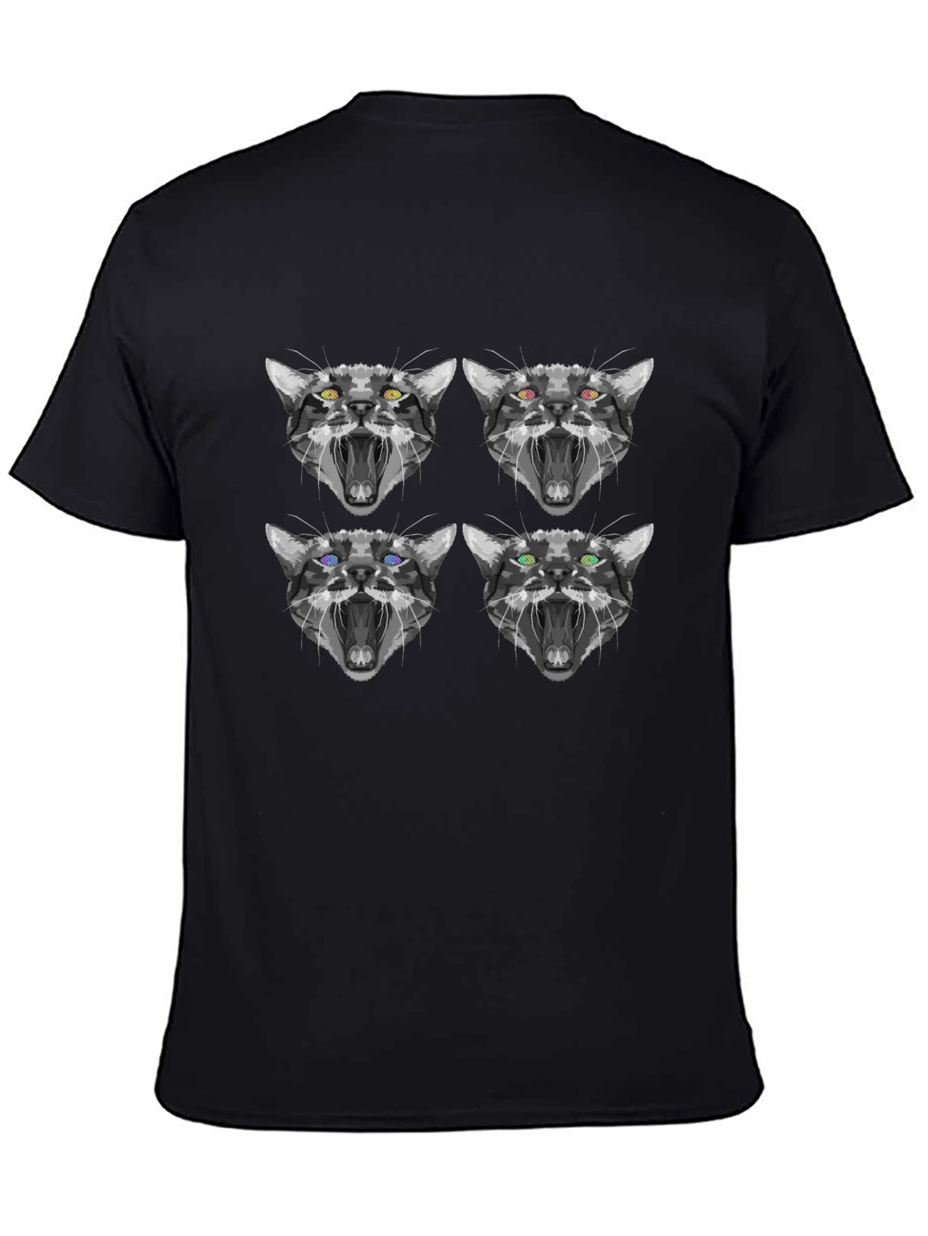 Abstract Cat Face Print Black T-Shirt