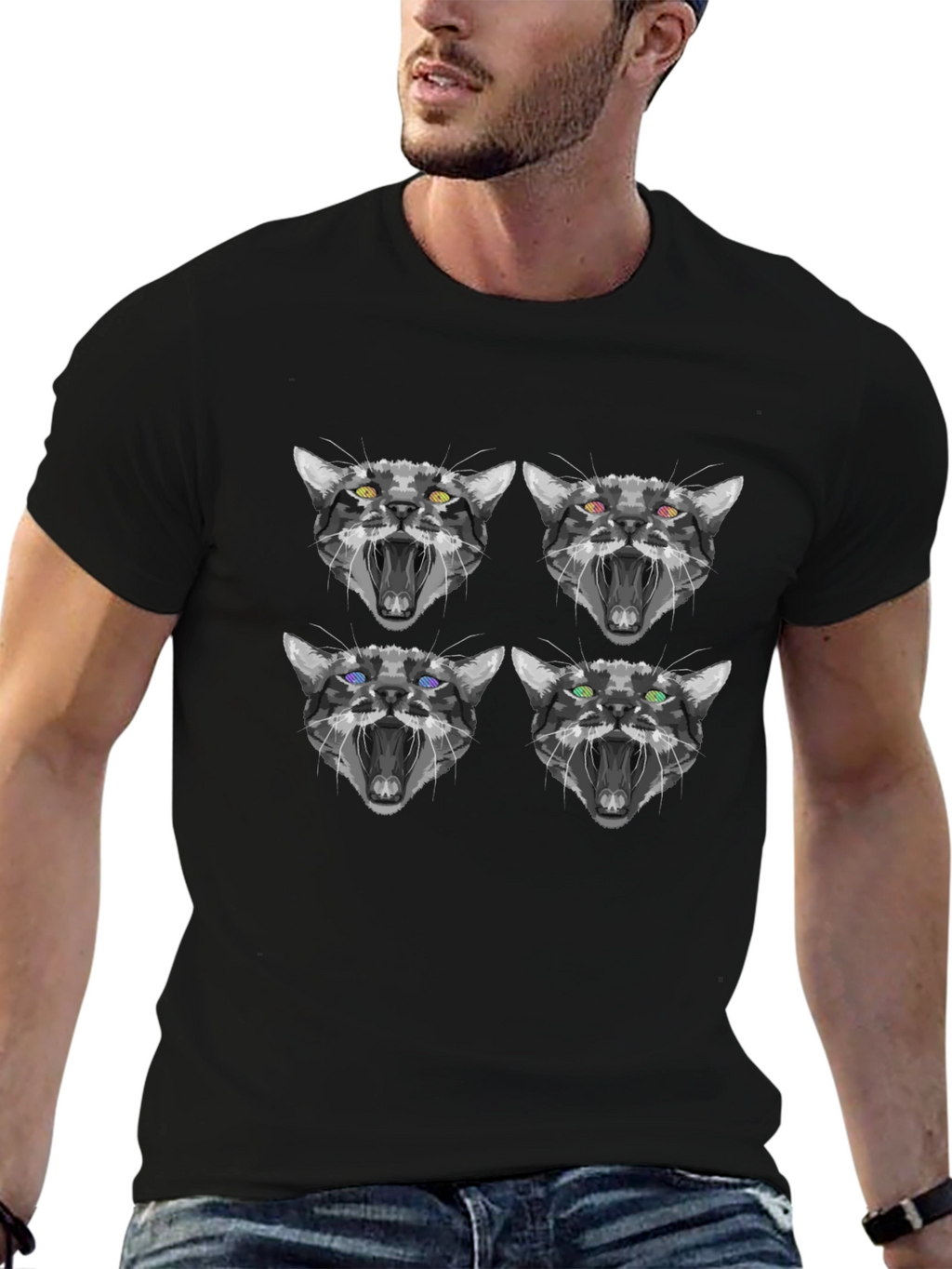 Abstract Cat Face Print Black T-Shirt