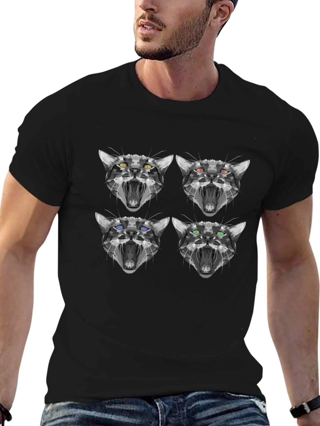 Abstract Cat Face Print Black T-Shirt